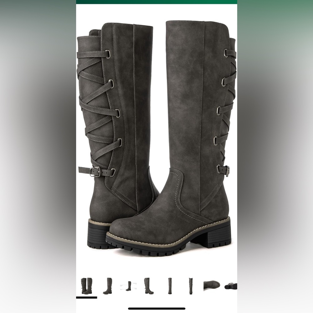 Gray Knee-High Lace-Up Boots